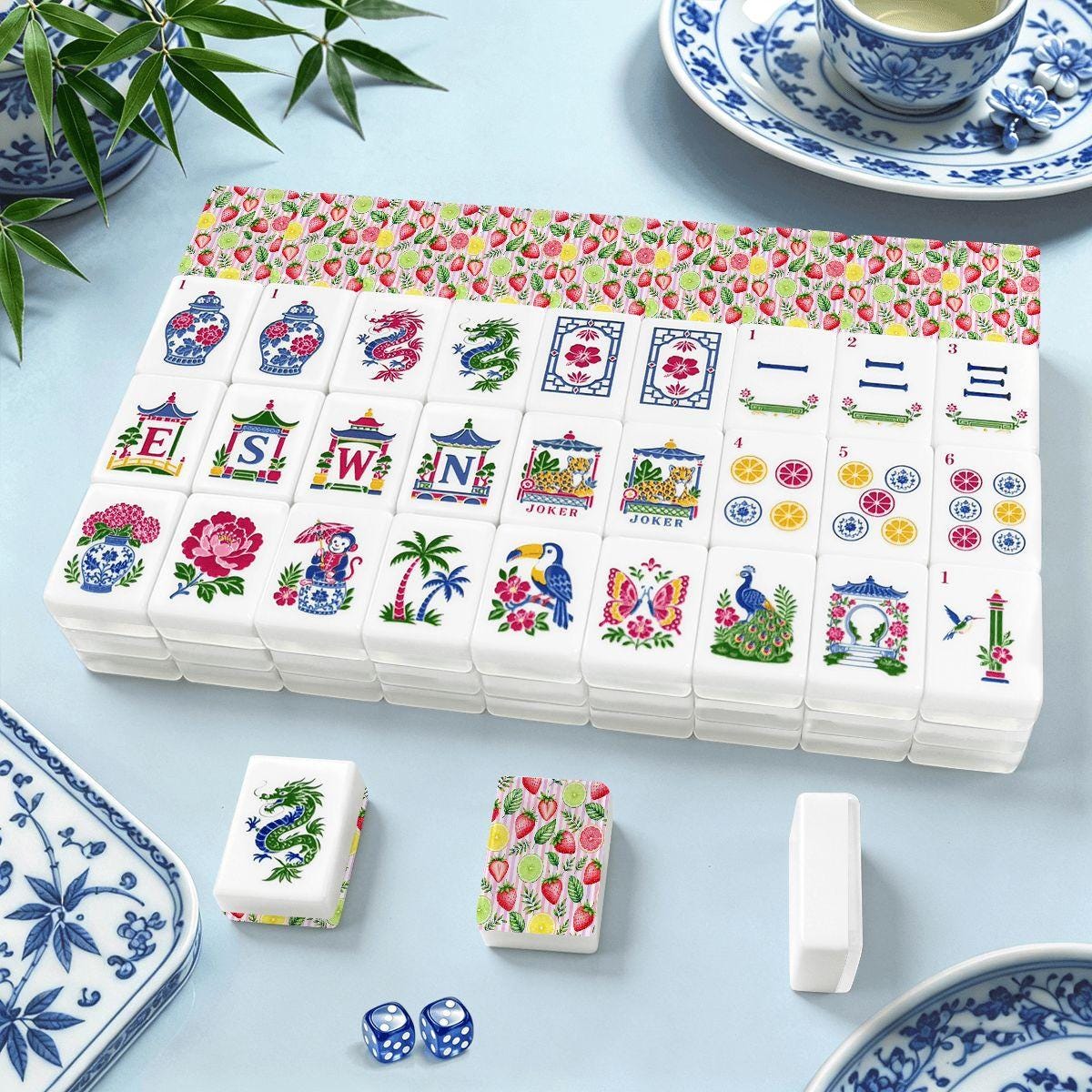 Fruit American Mahjong Tiles Set, Traditional Porcelain Style, Acrylic Colorful Designs