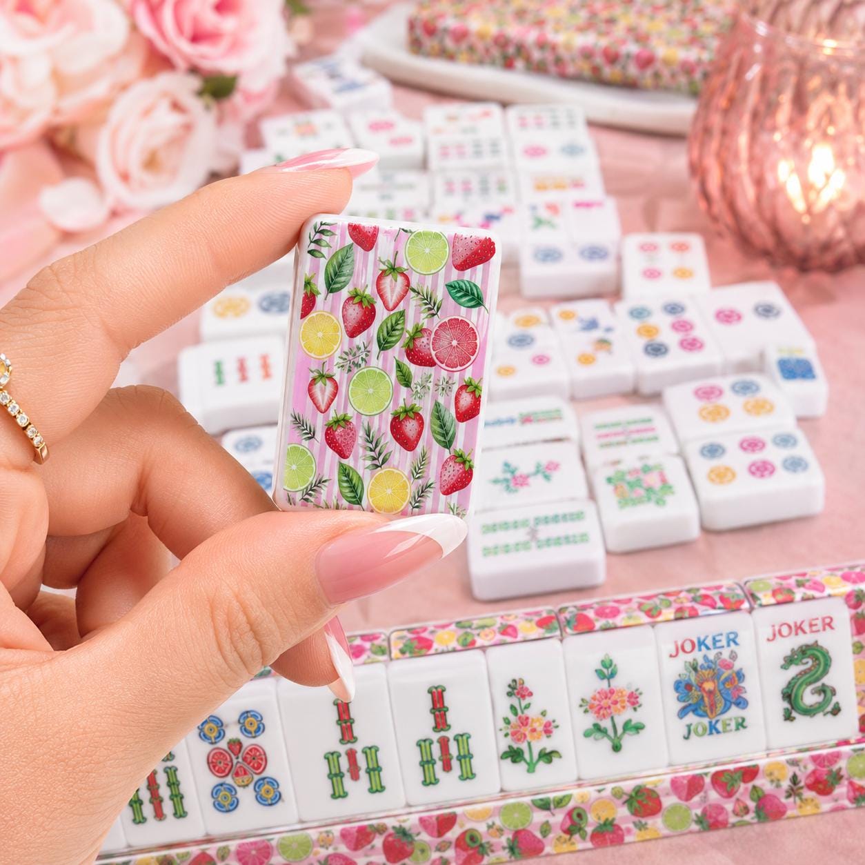 Fruit American Mahjong Tiles Set, Traditional Porcelain Style, Acrylic Colorful Designs
