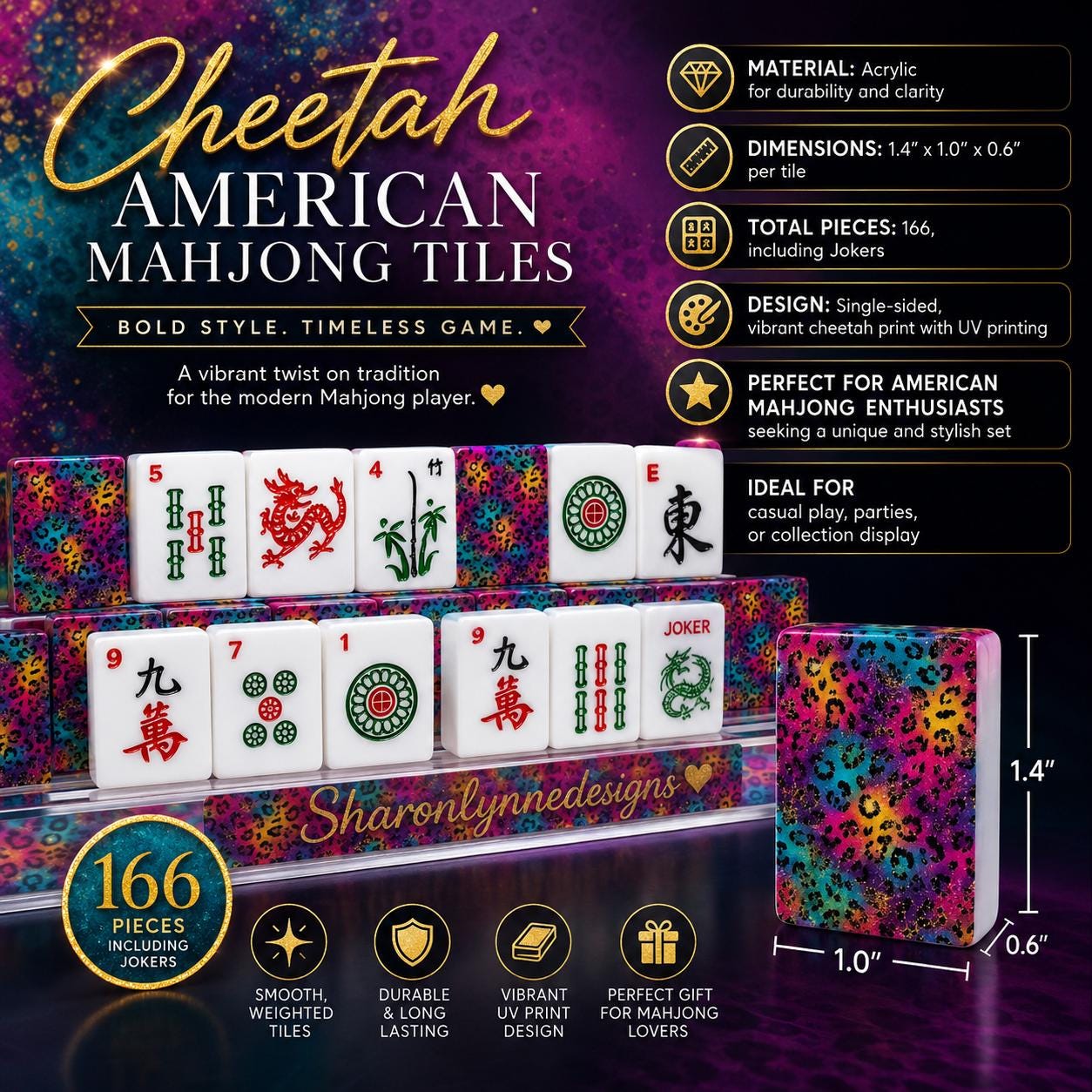 Cheetah Print American Mahjong Tiles Set | Acrylic Colorful Game with Jokers