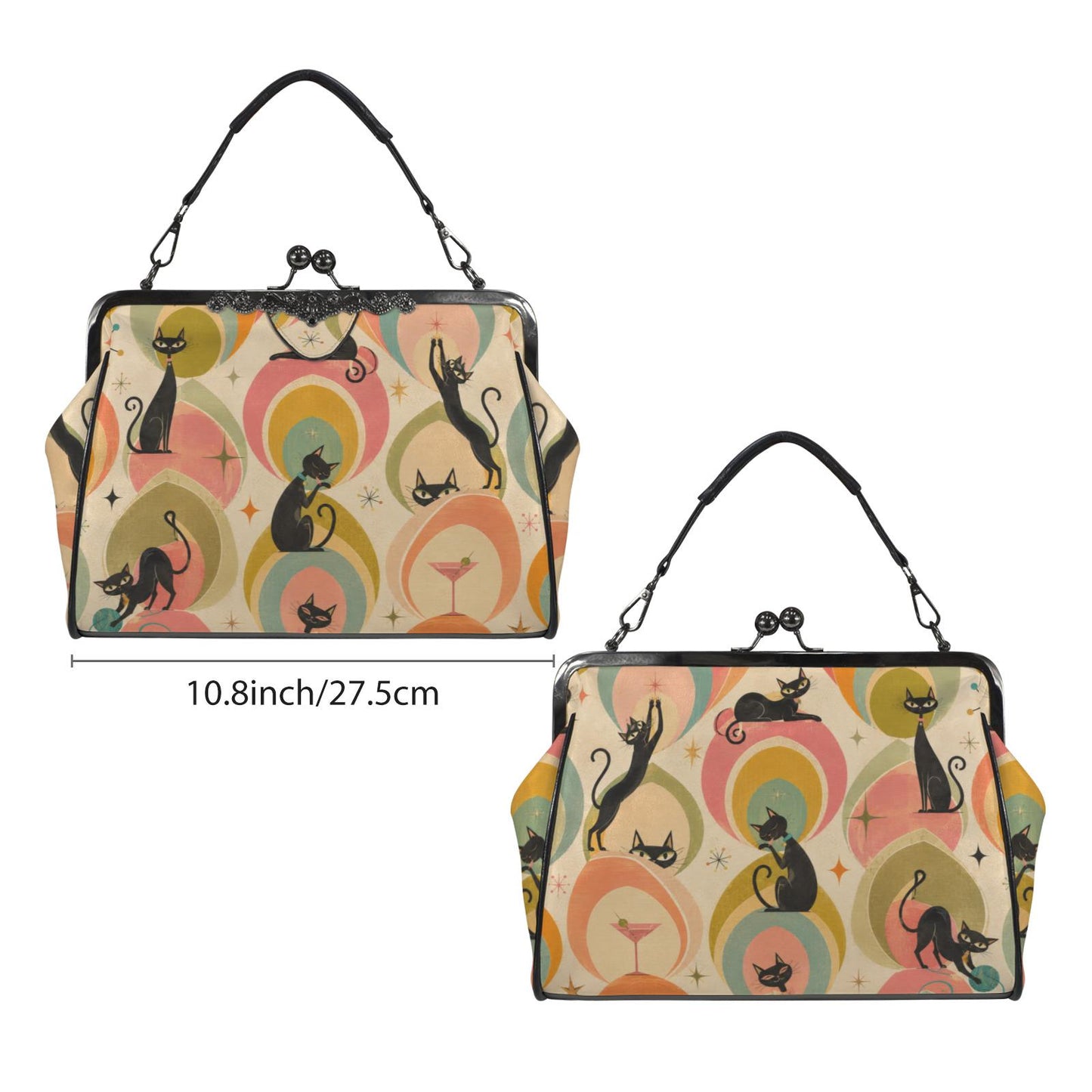 Retro Cat Kiss Lock Crossbody Bag, Waxed PU Leather, Vintage Style Purse