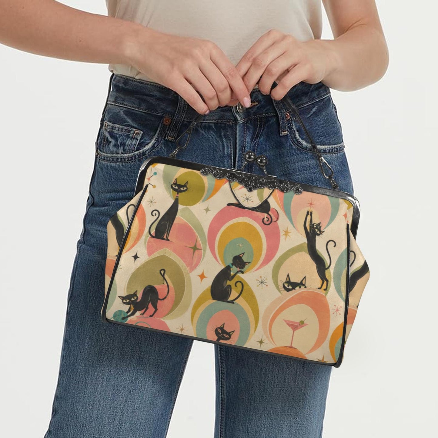 Retro Cat Kiss Lock Crossbody Bag, Waxed PU Leather, Vintage Style Purse