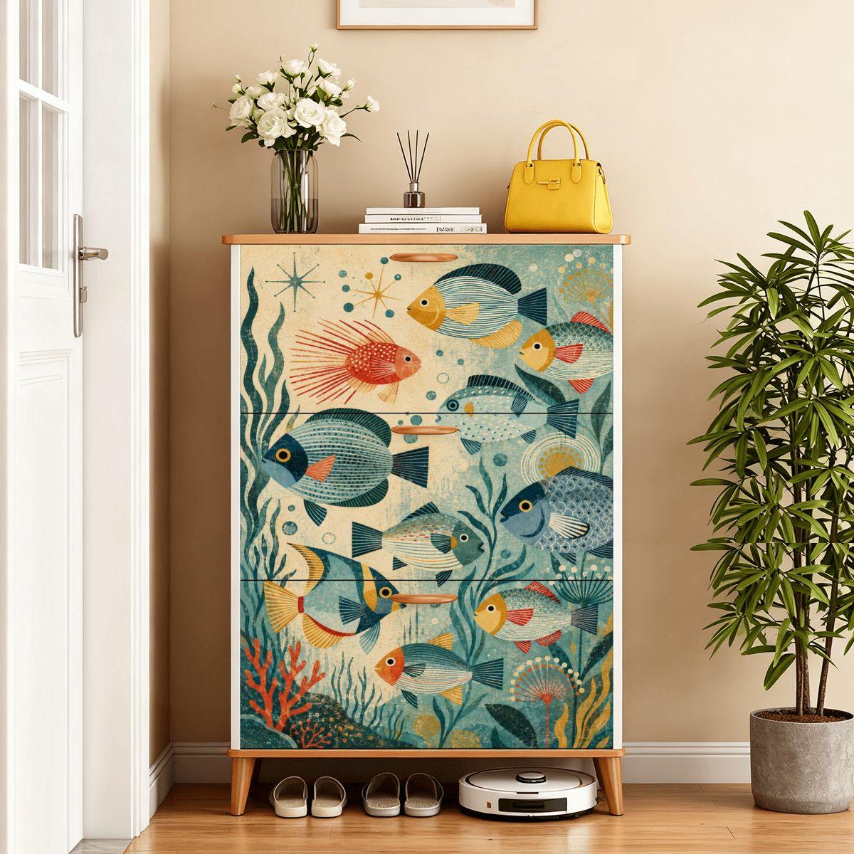 Retro Underwater Shoe Cabinet | Ocean Fish Marine Life Nautical Coastal Decor Made in USA