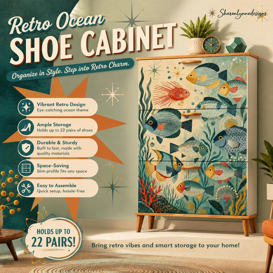 Retro Underwater Shoe Cabinet | Ocean Fish Marine Life Nautical Coastal Decor Made in USA