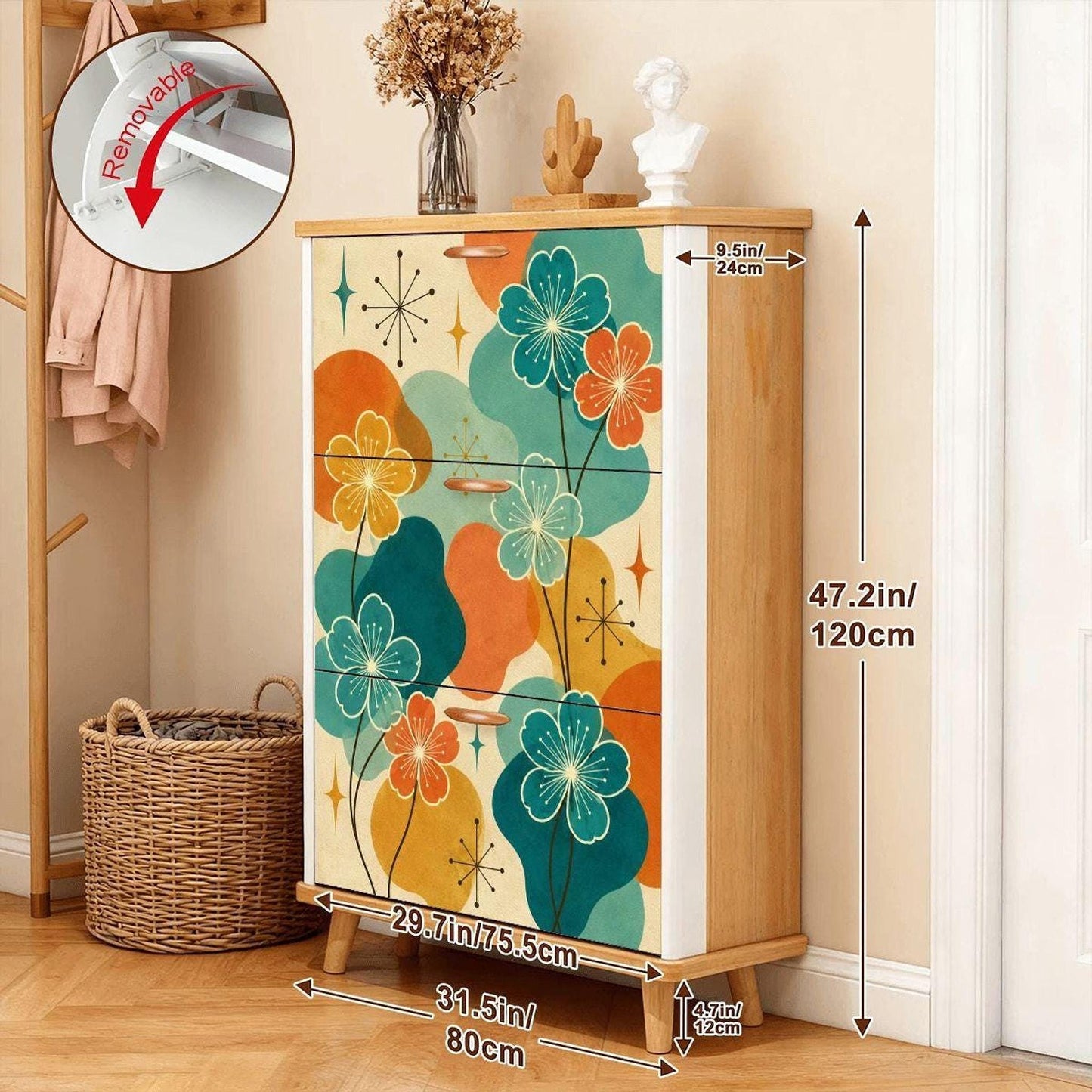 Mid Century Cabinet with Floral Design | Retro Entryway Shoe Rack for Stylish Storage