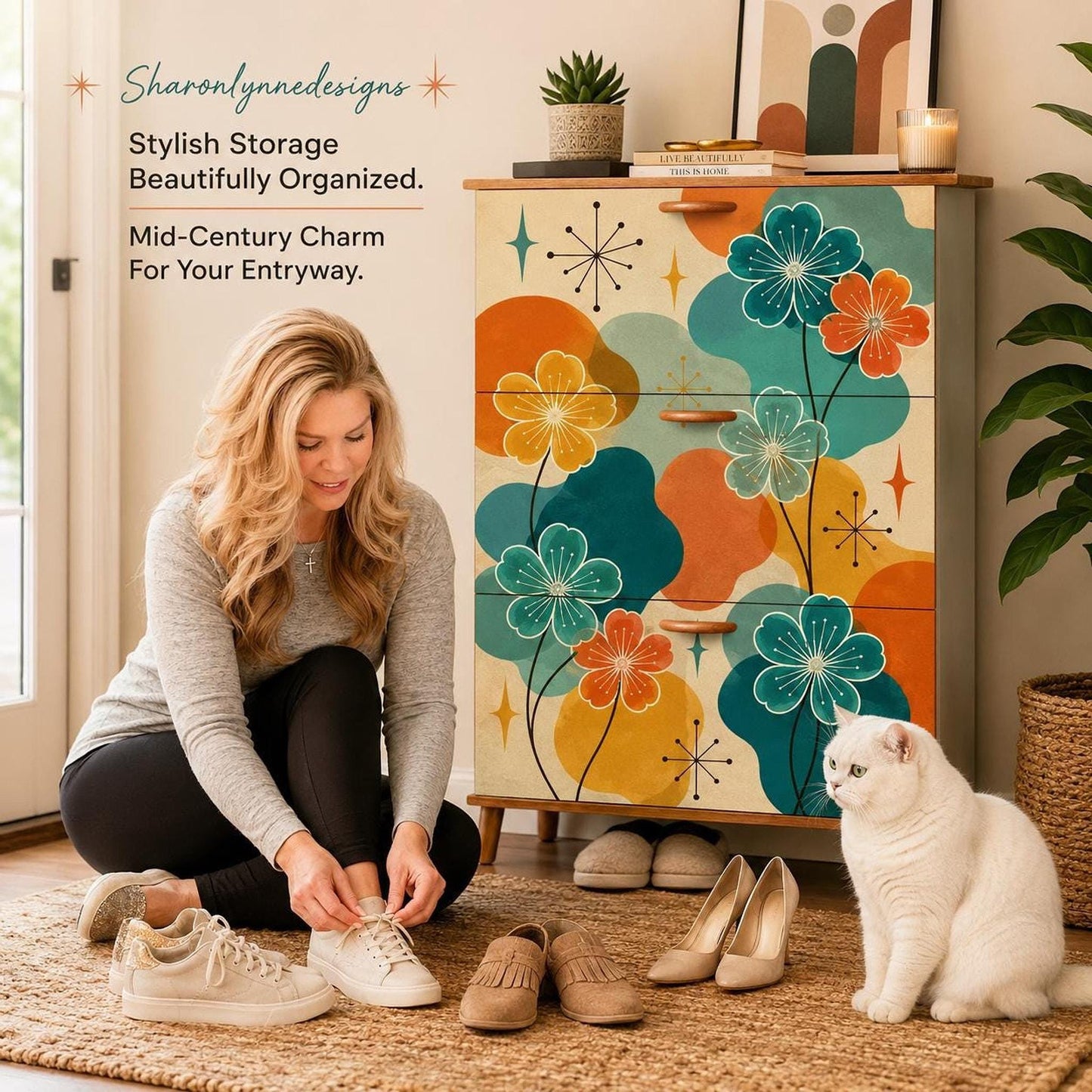 Mid Century Cabinet with Floral Design | Retro Entryway Shoe Rack for Stylish Storage