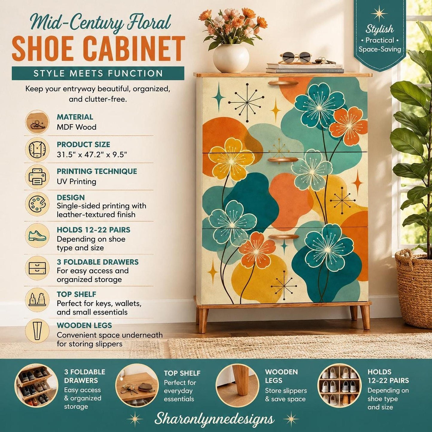 Mid Century Cabinet with Floral Design | Retro Entryway Shoe Rack for Stylish Storage