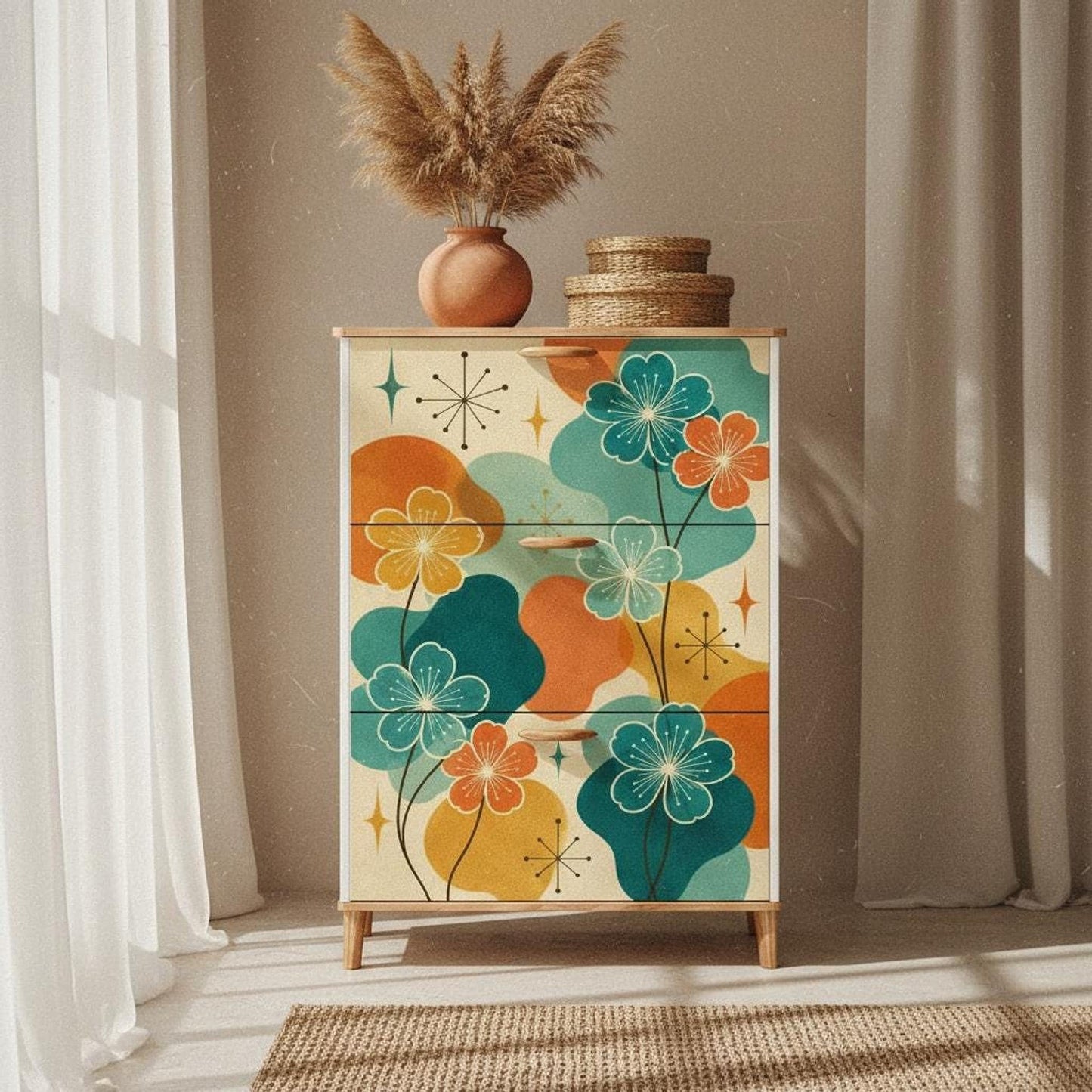 Mid Century Cabinet with Floral Design | Retro Entryway Shoe Rack for Stylish Storage