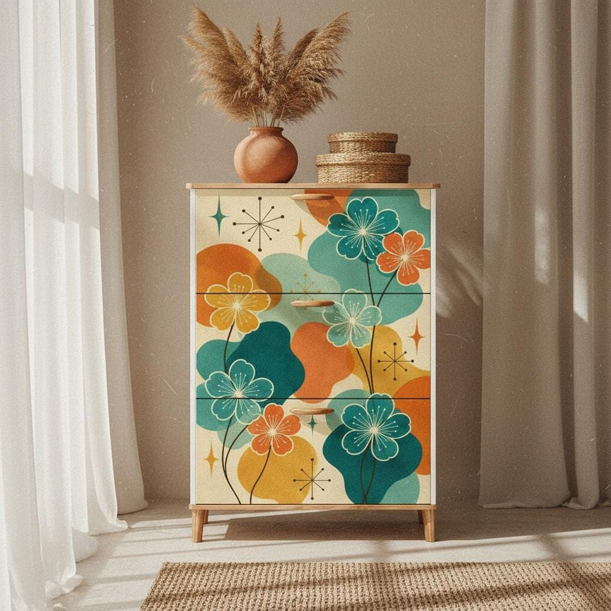 Mid Century Cabinet with Floral Design | Retro Entryway Shoe Rack for Stylish Storage