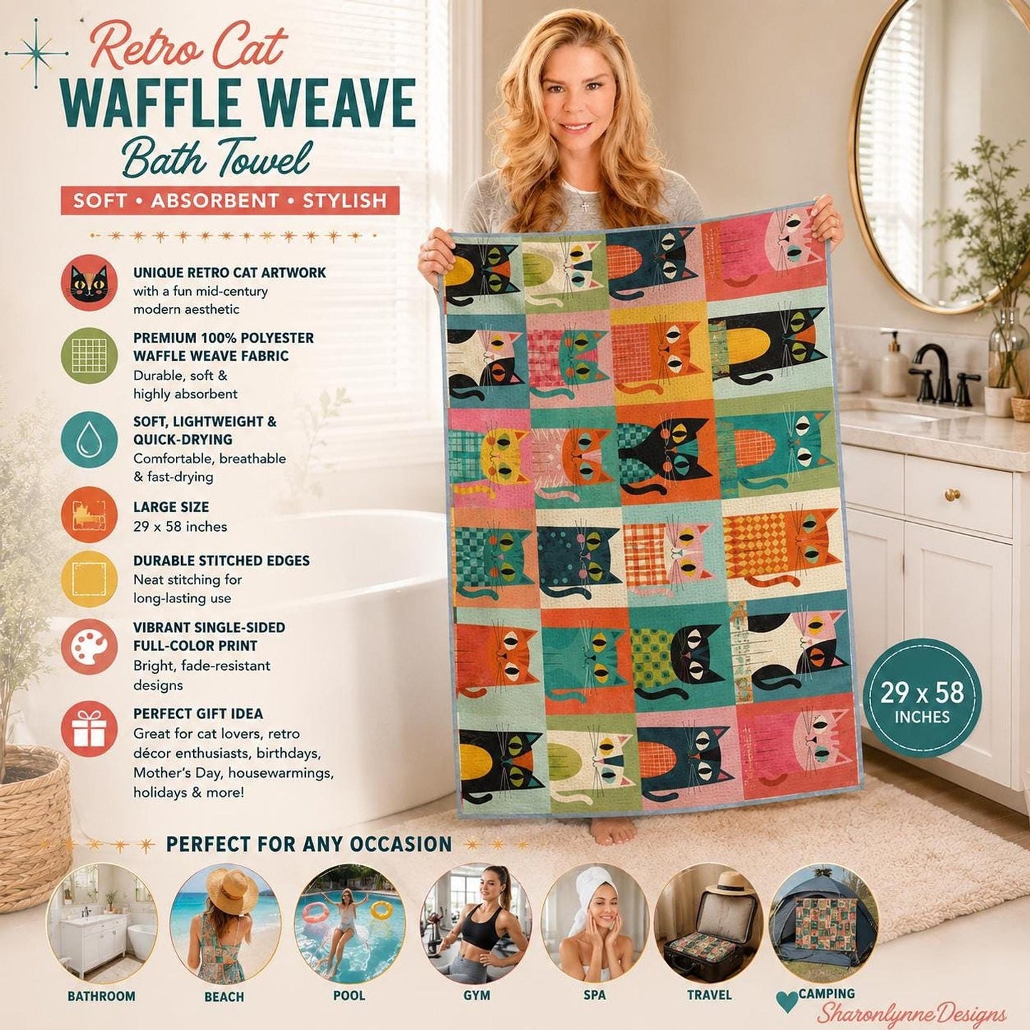 Retro Cat Towel, Colorful Waffle Weave Bath with Fun Artwork