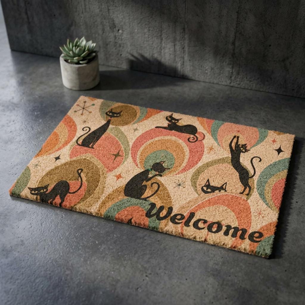 Retro Cat Pattern Doormat | Welcome Mat with Mid Century Cats