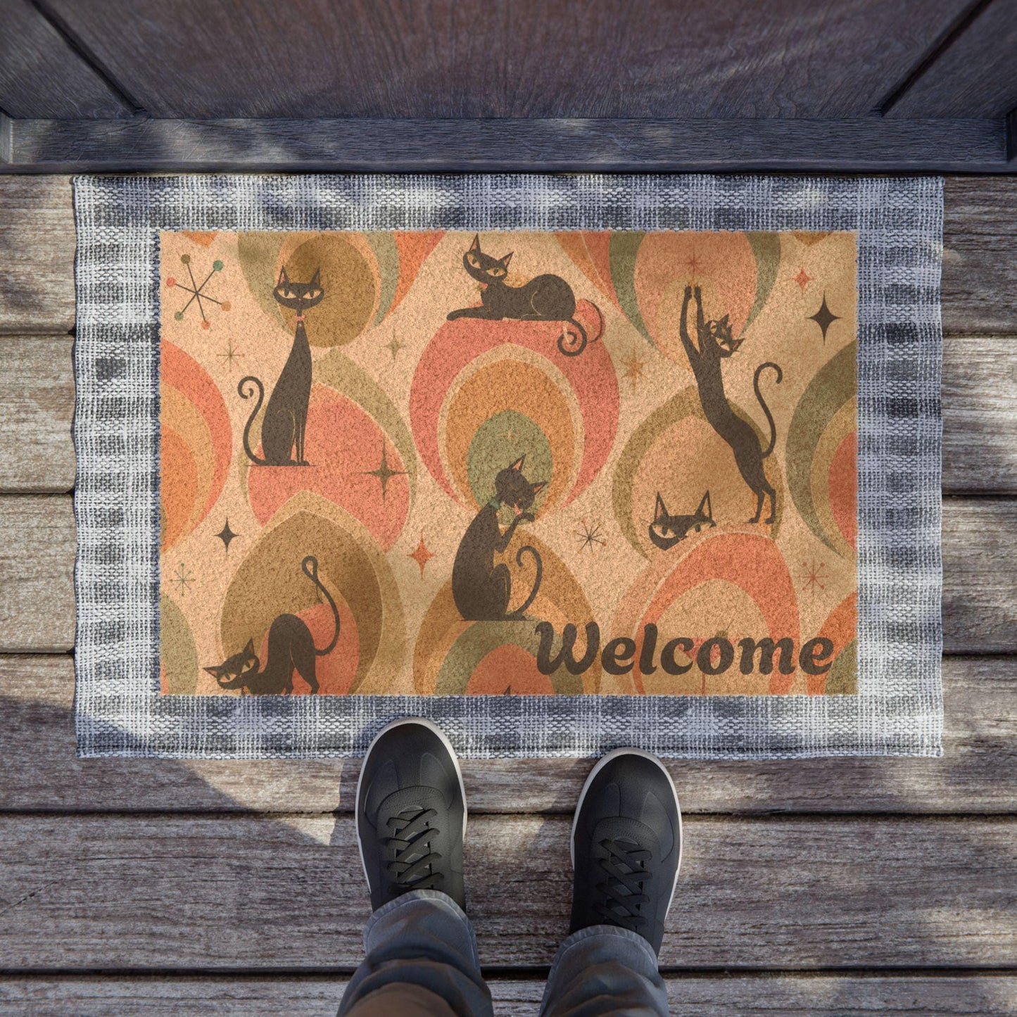 Retro Cat Pattern Doormat | Welcome Mat with Mid Century Cats