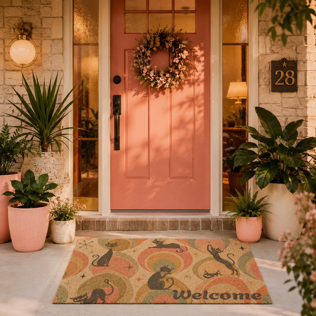 Retro Cat Pattern Doormat | Welcome Mat with Mid Century Cats