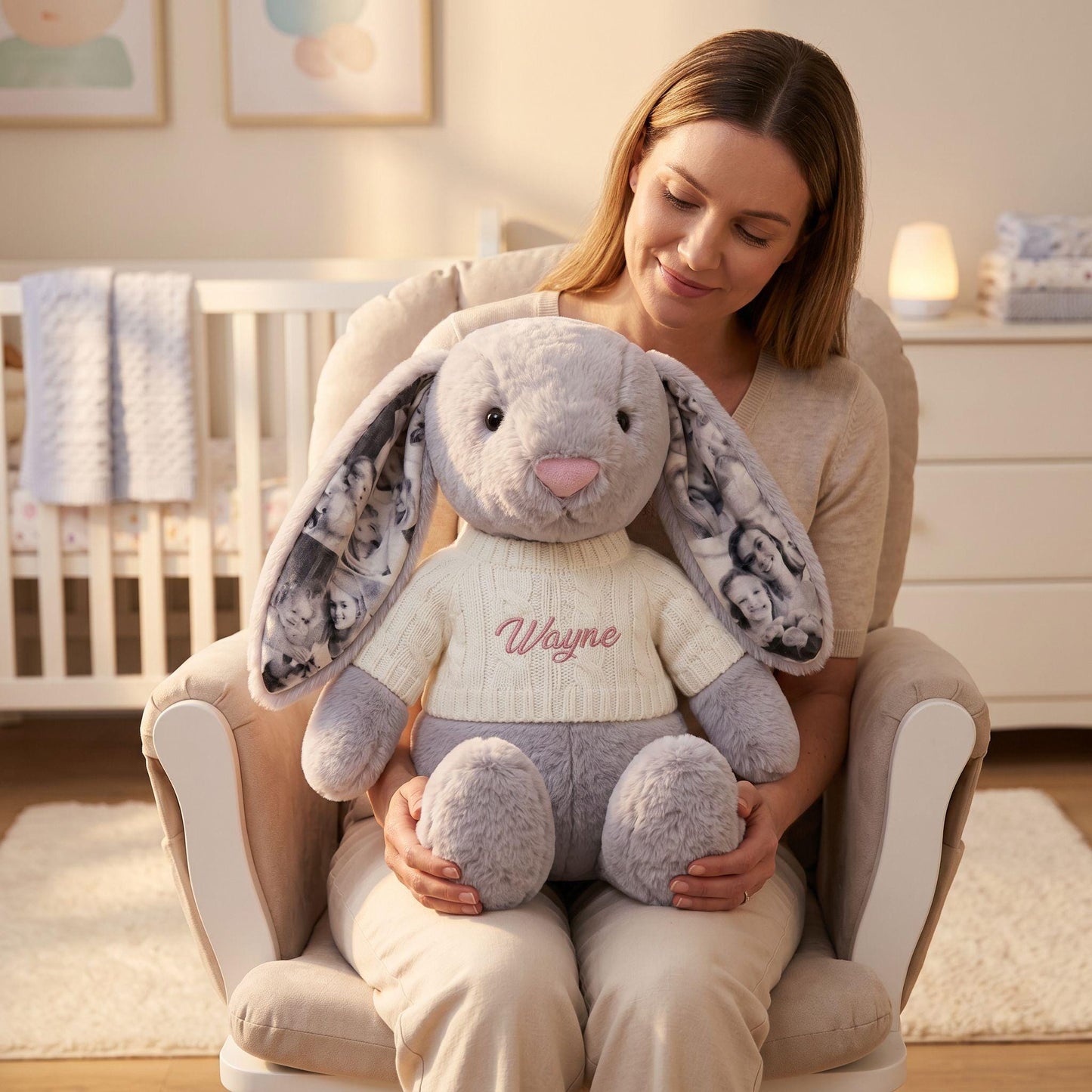 Custom Photo Bunny Plush: Personalized Name Embroidery, Anniversary Keepsake