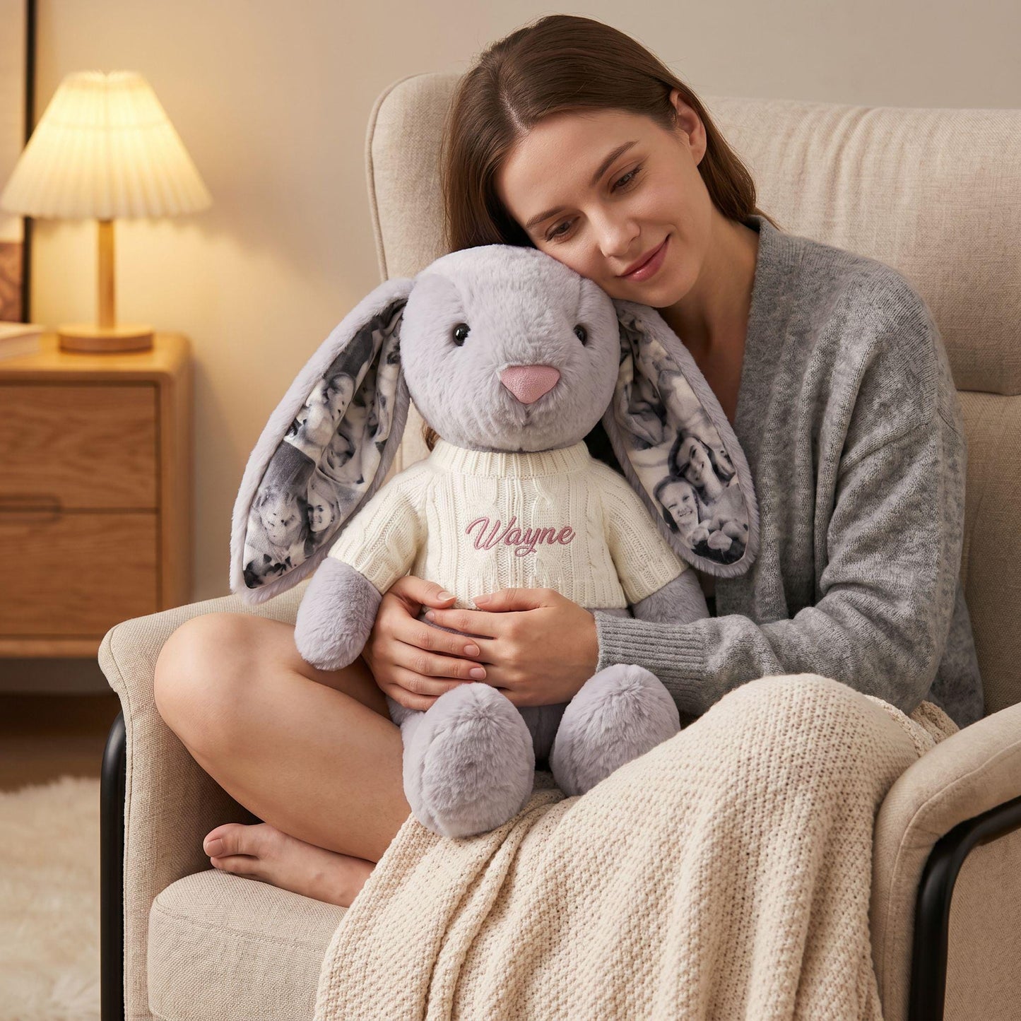 Custom Photo Bunny Plush: Personalized Name Embroidery, Anniversary Keepsake