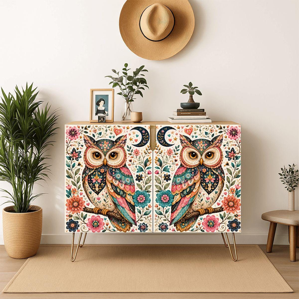 Owl Wooden Storage Cabinet | Handmade Boho Accent Furniture | Rustic Nature Decor