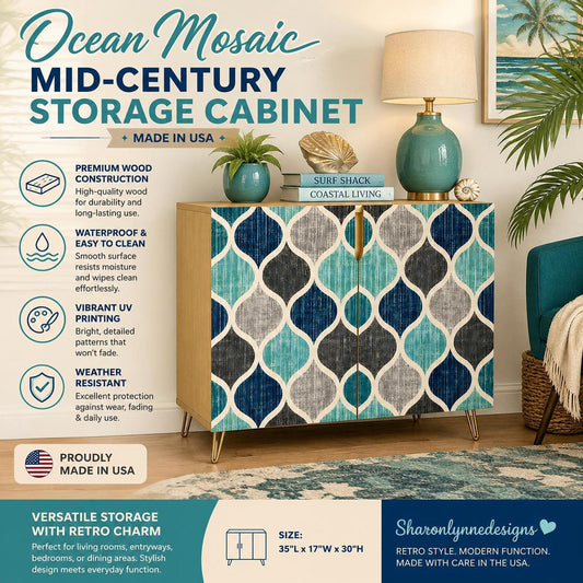 Ocean Cabinet, Mid-Century Mosaic Storage Solution with Coastal Design