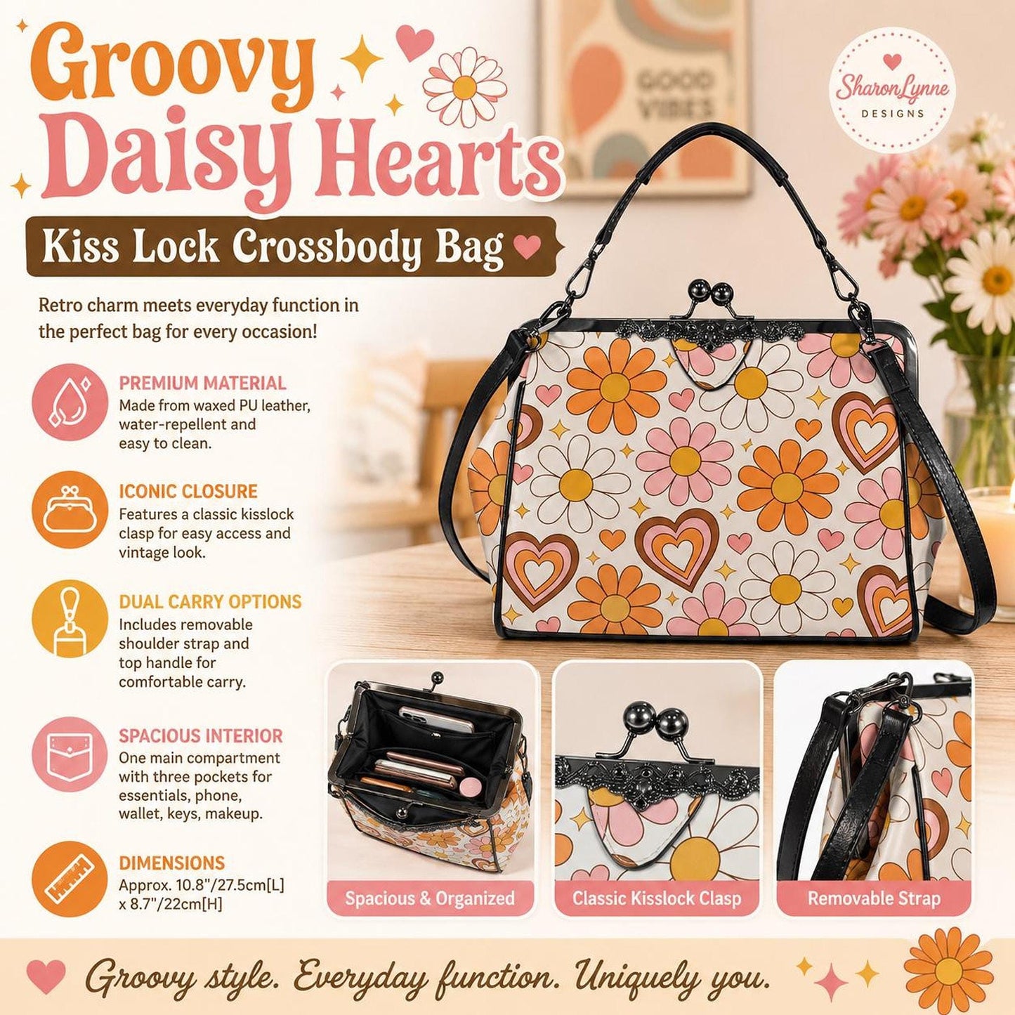 Daisy Hearts Kiss Lock Bag | Retro Floral Crossbody Purse with Classic Clasp