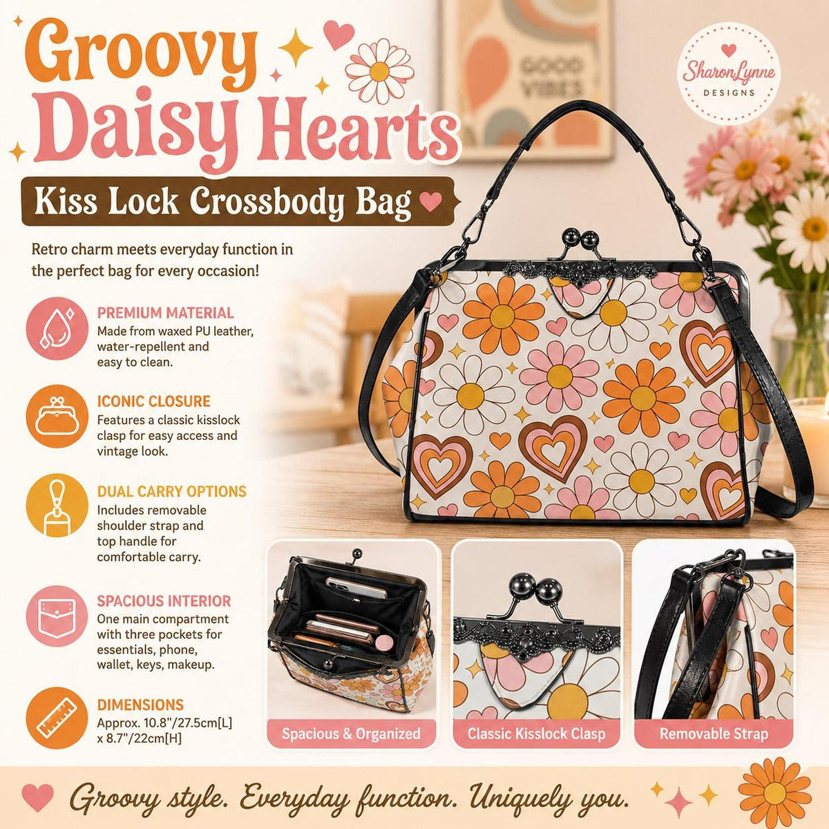 Daisy Hearts Kiss Lock Bag | Retro Floral Crossbody Purse with Classic Clasp