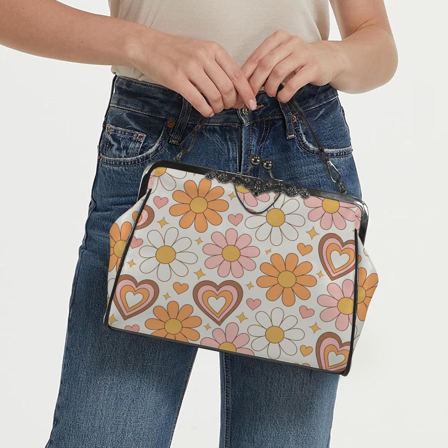 Daisy Hearts Kiss Lock Bag | Retro Floral Crossbody Purse with Classic Clasp