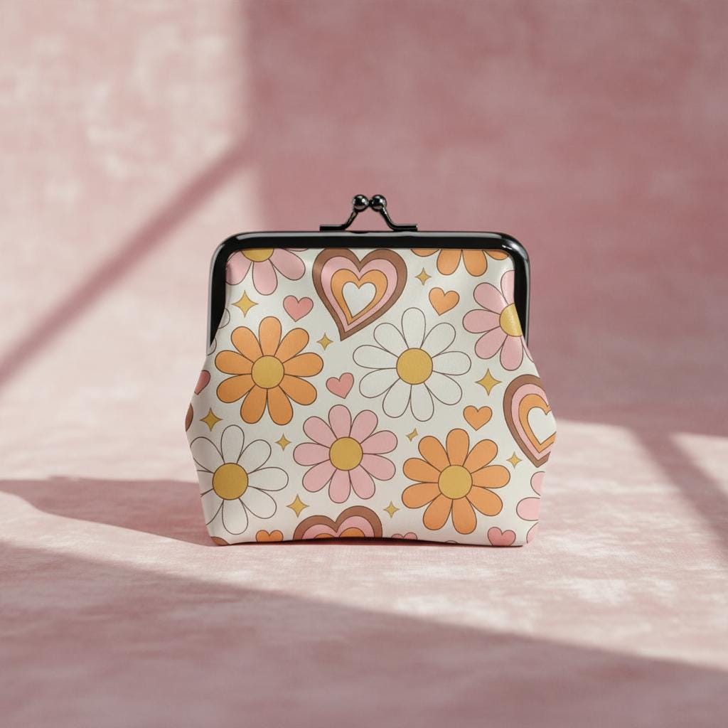 Daisy Coin Purse, Retro Floral Kiss Lock Wallet with Hearts