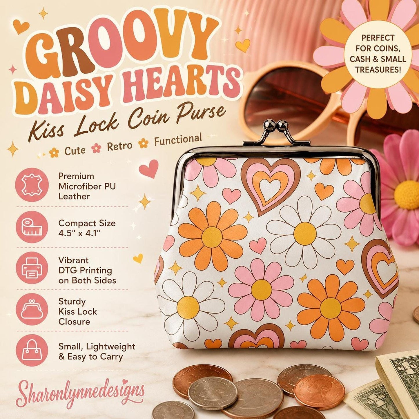 Daisy Coin Purse, Retro Floral Kiss Lock Wallet with Hearts