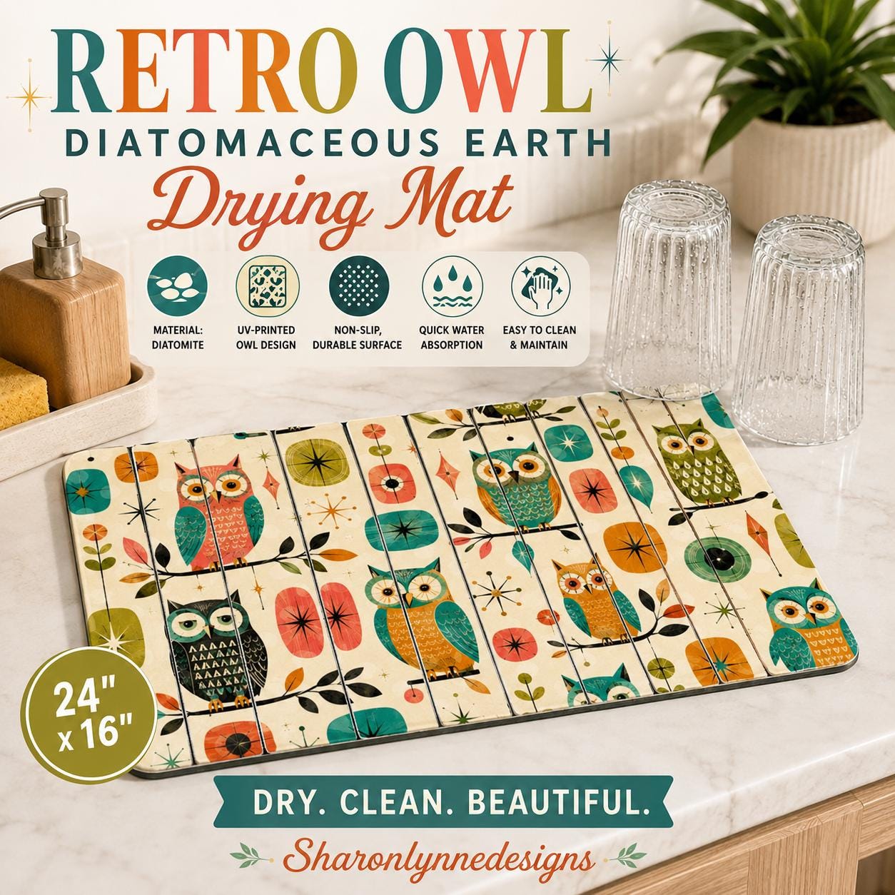 Retro Owl Diatomaceous Earth Drying Mat | Vintage Style Kitchen Bathroom Absorbent Countertop Mat