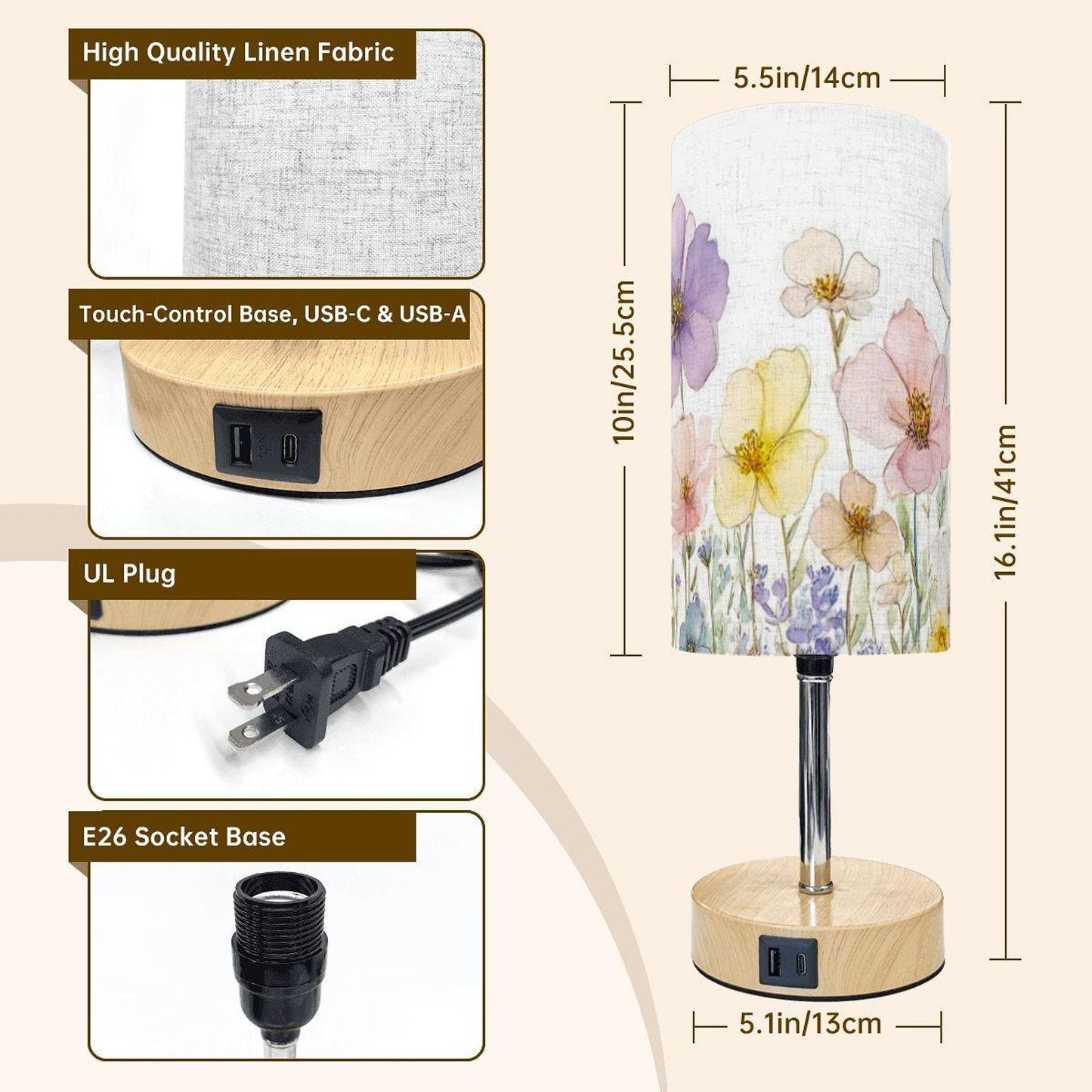 Floral Nightstand Touch Sensitive Lamp with USB Charging Port