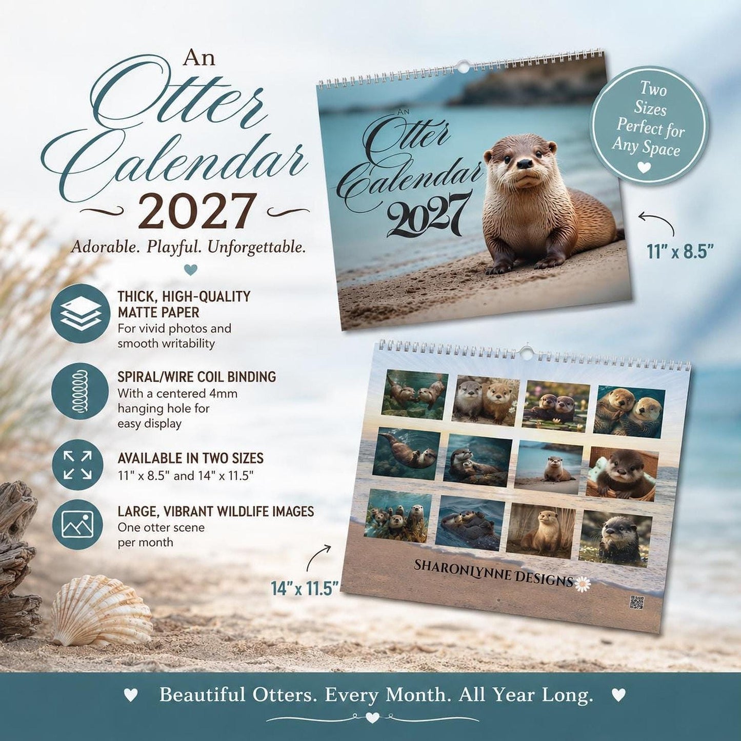 Sea Otters Wall Calendar Monthly Blank Grid Wildlife Photography Nature Marine Animal Decor Gift