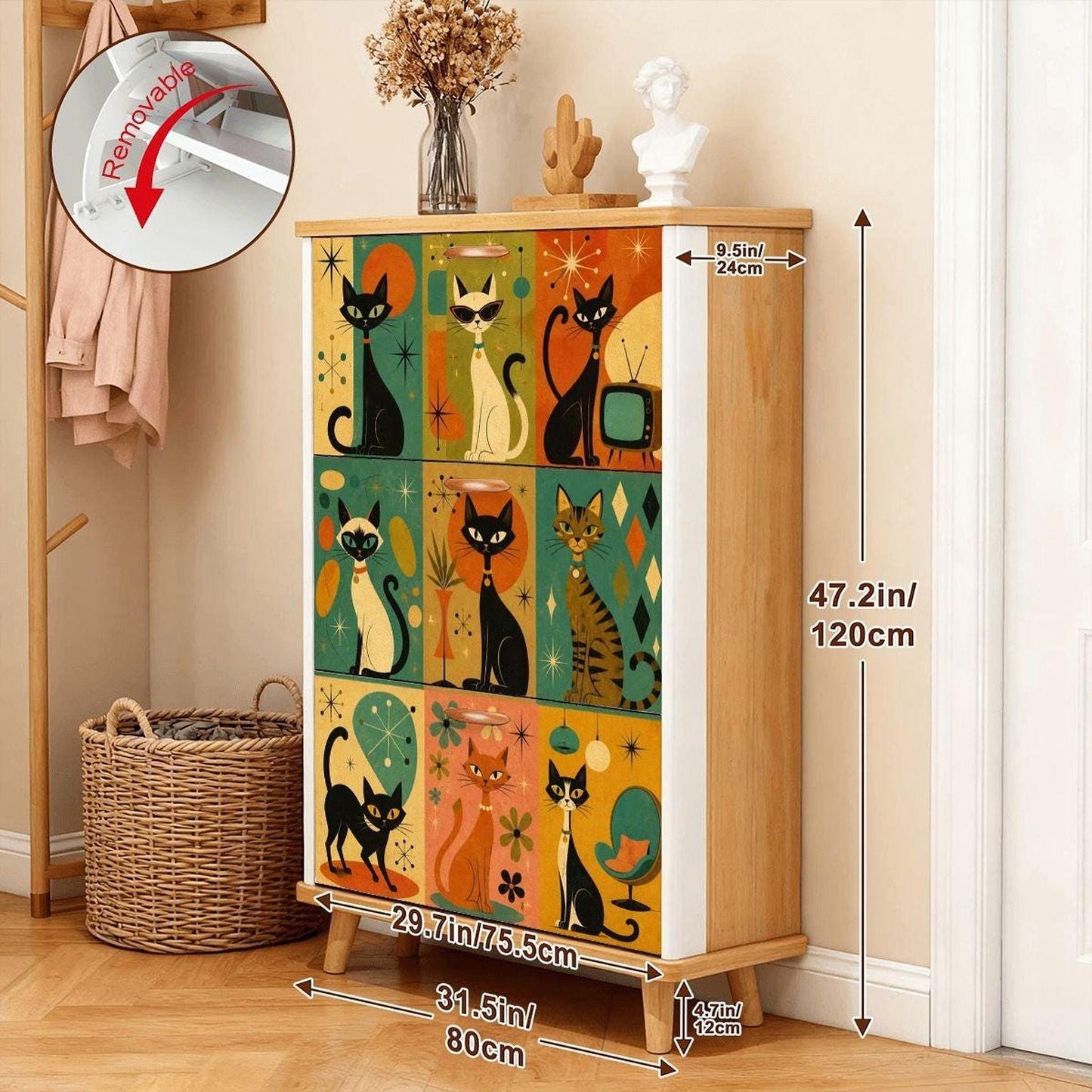 Shoe Storage Cabinet with Retro Cat Design, Mid-Century Modern Entryway Organizer