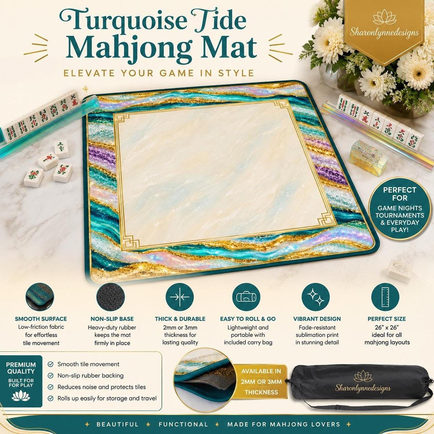 Turquoise Tide Mahjong Mat, Non-Slip Playing Surface with Storage Bag