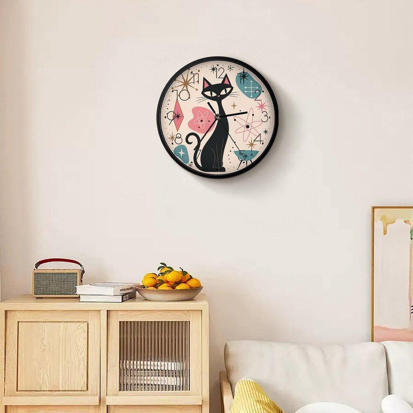 Cat Wall Clock with Retro Design, 10-Inch Silent Non-Ticking Decor