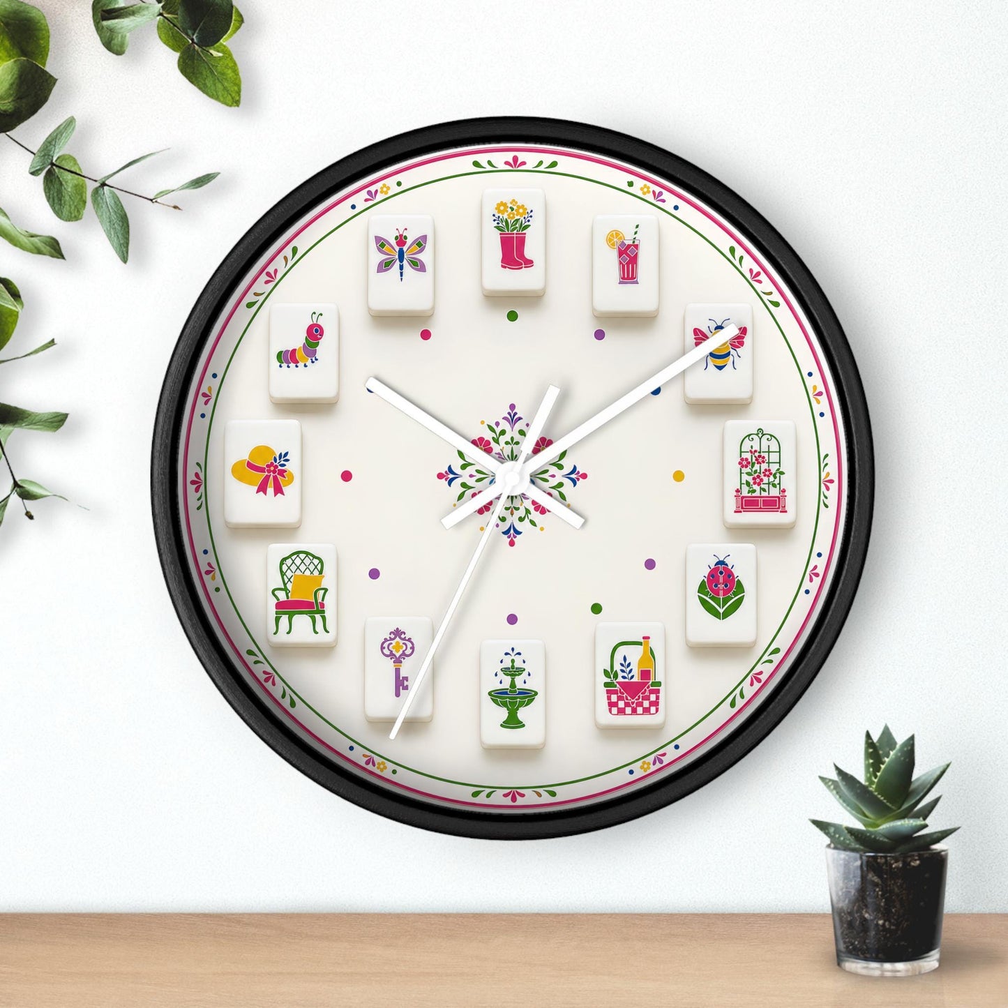 Floral Clock with Whimsical Illustrations, Mahjong Wall in Soft Cream