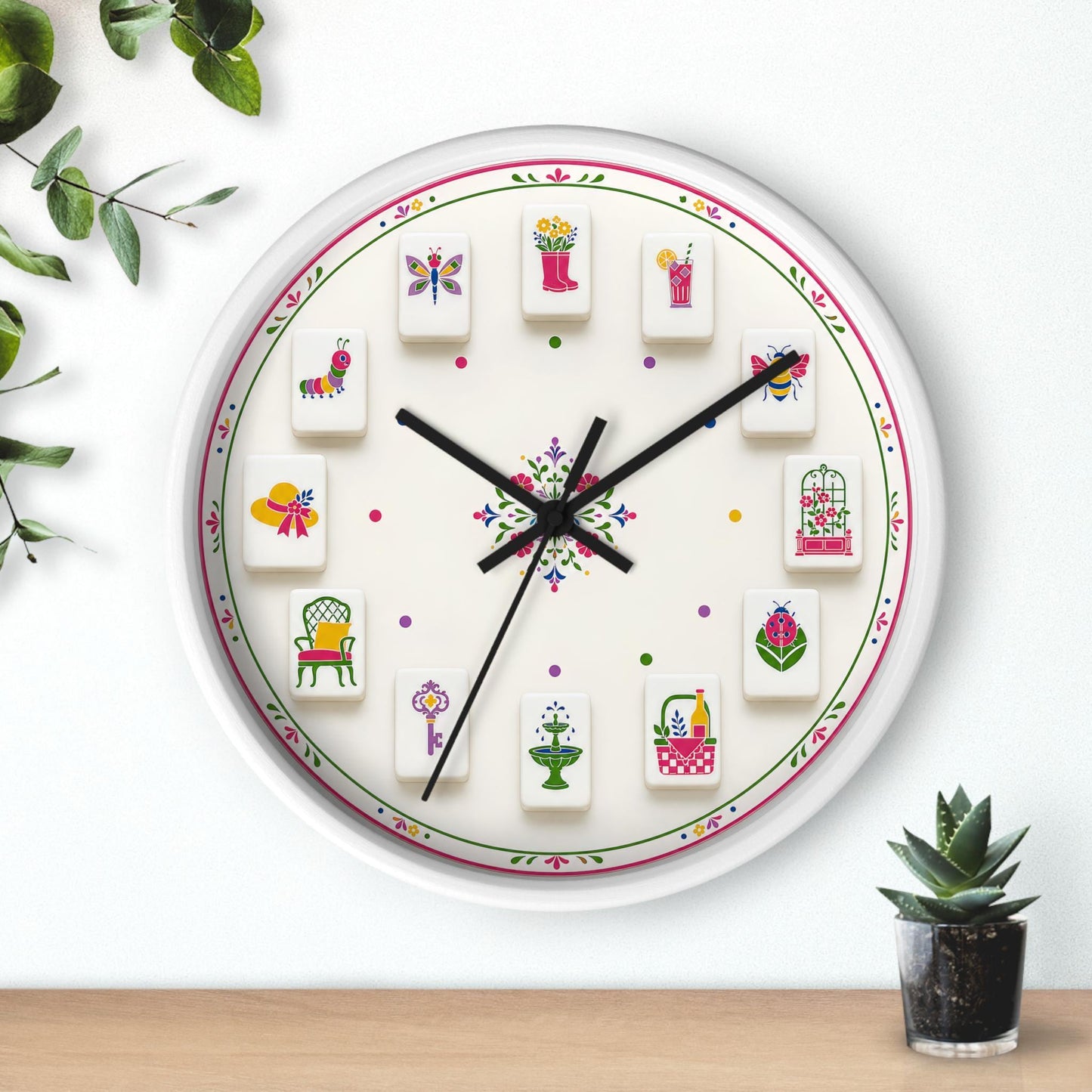 Floral Clock with Whimsical Illustrations, Mahjong Wall in Soft Cream