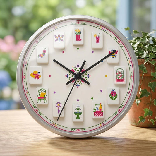 Floral Clock with Whimsical Illustrations, Mahjong Wall in Soft Cream