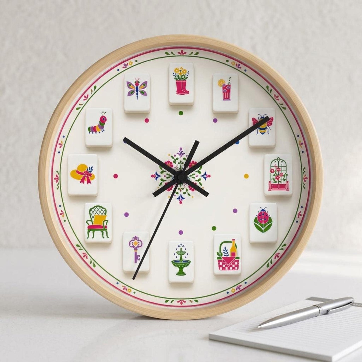 Floral Clock with Whimsical Illustrations, Mahjong Wall in Soft Cream