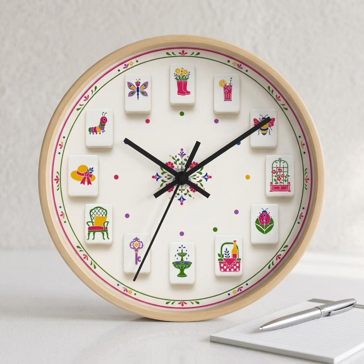 Floral Clock with Whimsical Illustrations, Mahjong Wall in Soft Cream