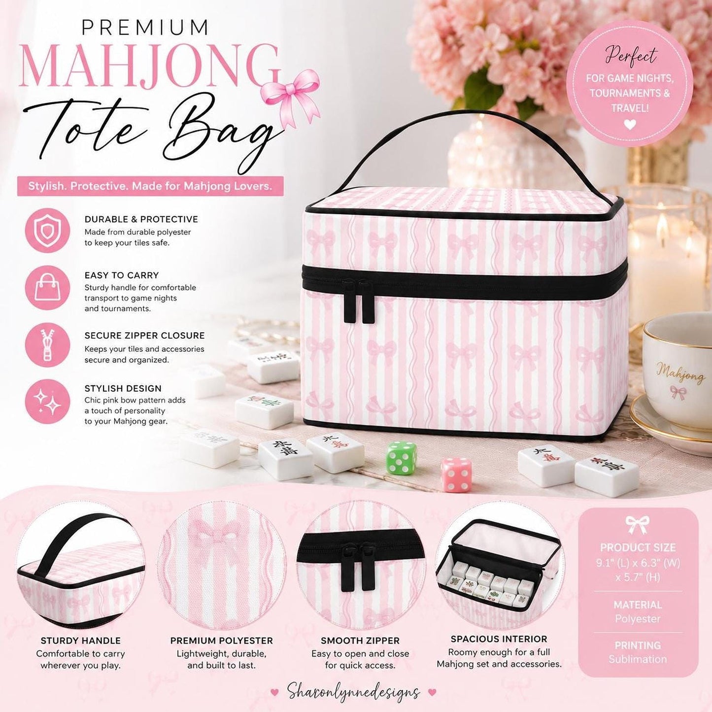 Pink Mahjong Bag with Stripes and Bows, Durable Storage Tote for Game Nights