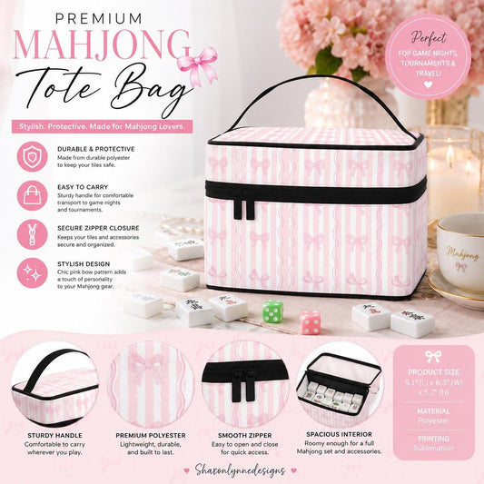 Pink Mahjong Bag with Stripes and Bows, Durable Storage Tote for Game Nights