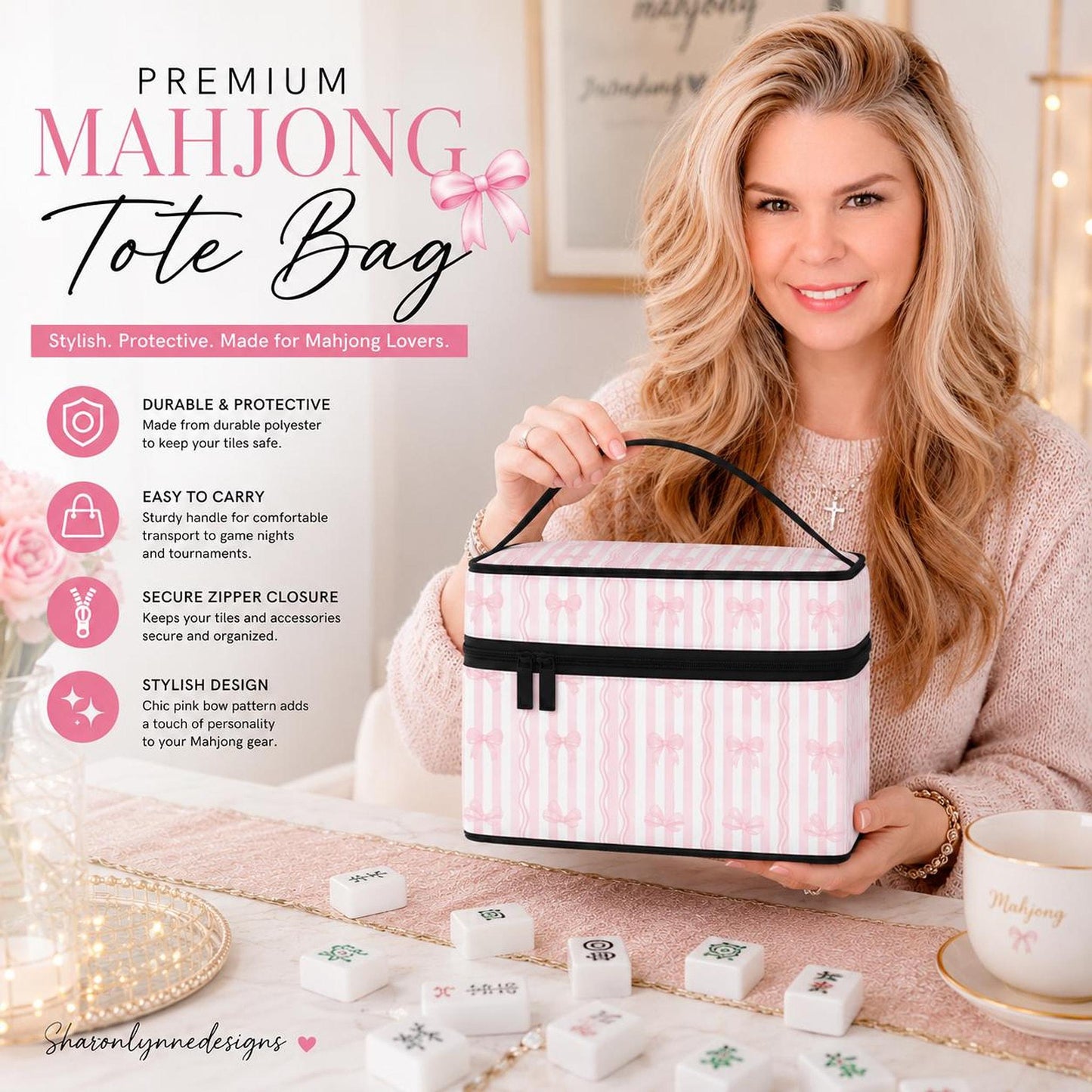 Pink Mahjong Bag with Stripes and Bows, Durable Storage Tote for Game Nights