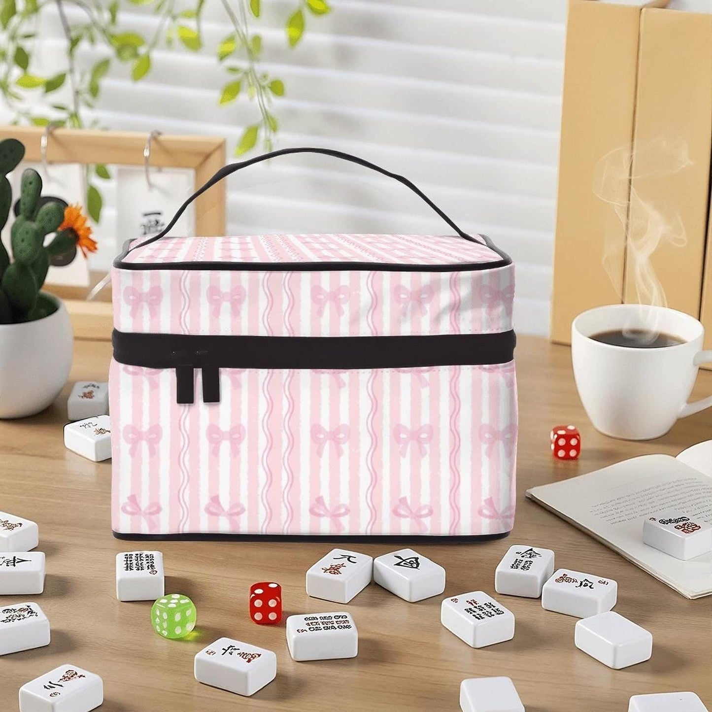 Pink Mahjong Bag with Stripes and Bows, Durable Storage Tote for Game Nights