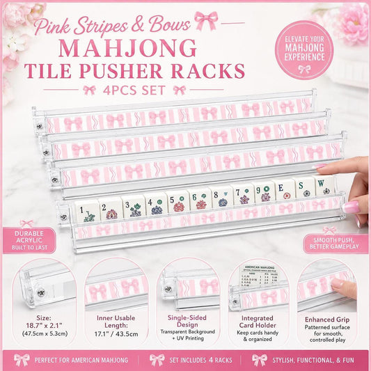 Pink Mahjong Racks Set of 4, Acrylic Tile Pushers with Card Holder
