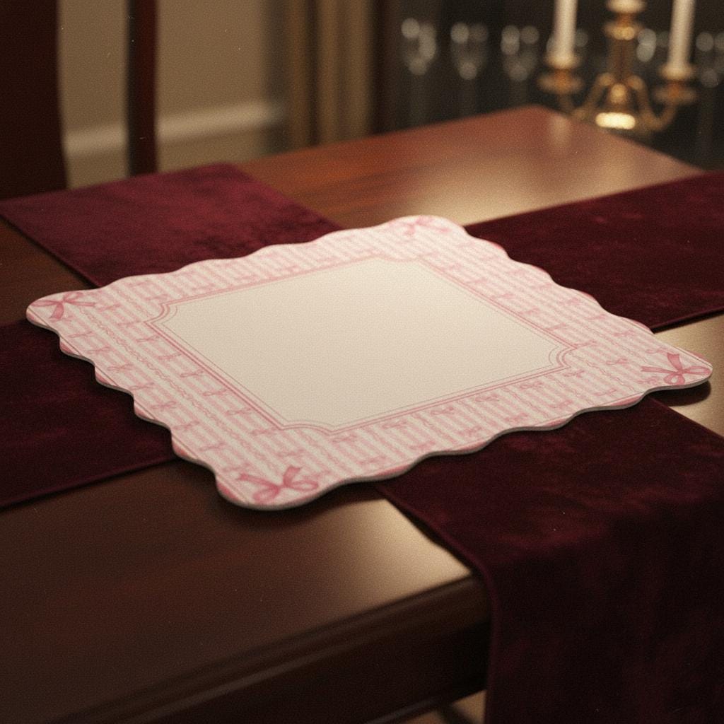 Pink Mahjong Mat with Stripes & Bows, Non-Slip Scalloped Design