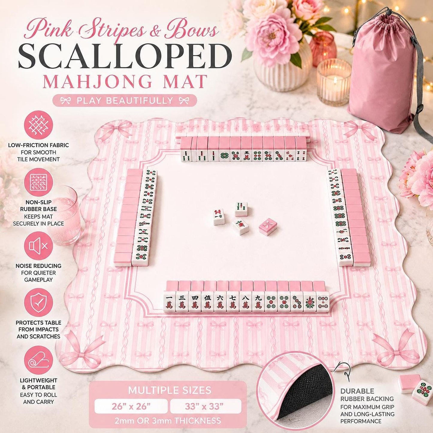 Pink Mahjong Mat with Stripes & Bows, Non-Slip Scalloped Design