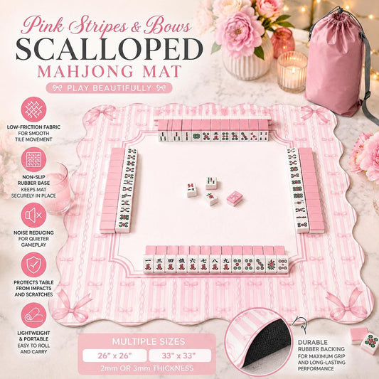 Pink Mahjong Mat with Stripes & Bows, Non-Slip Scalloped Design