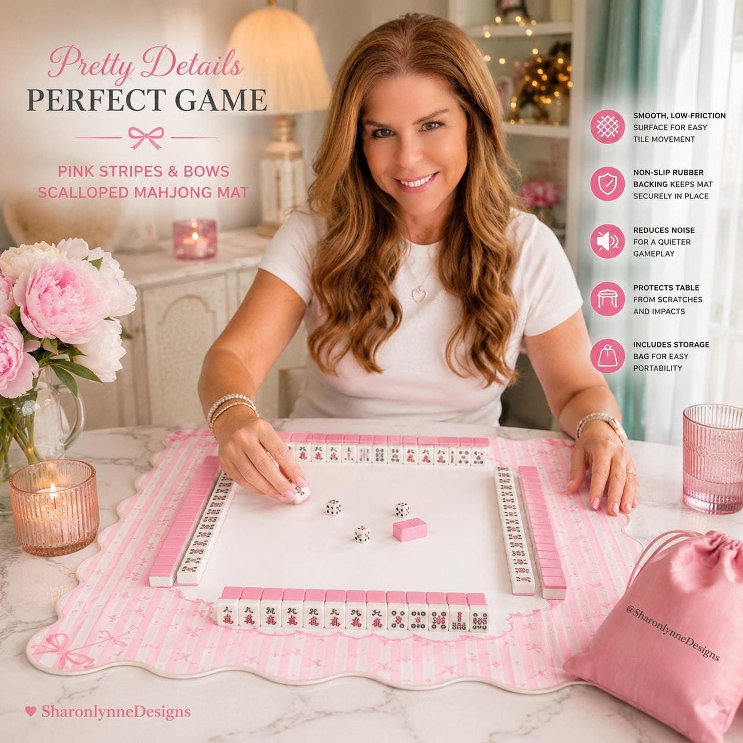 Pink Mahjong Mat with Stripes & Bows, Non-Slip Scalloped Design