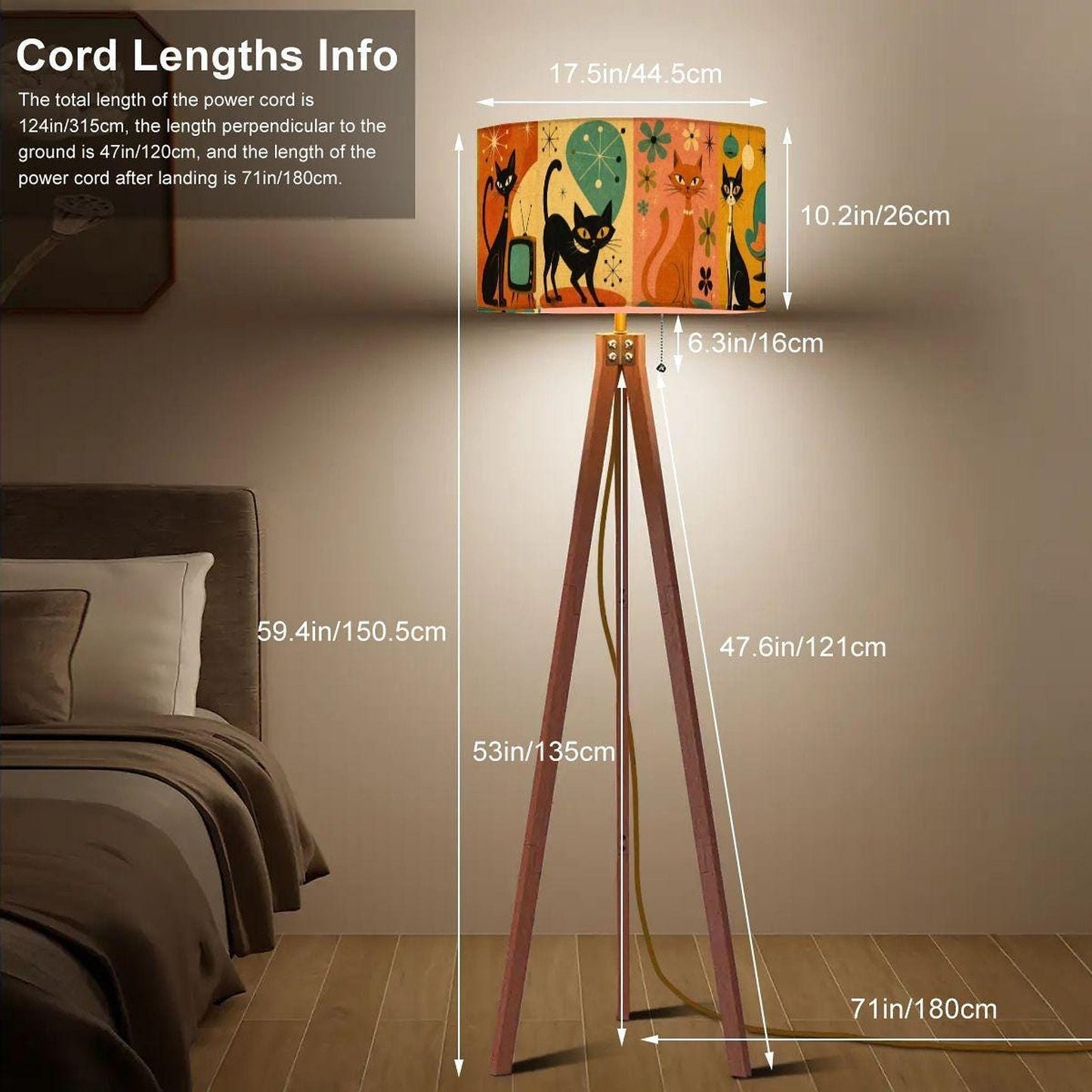Mid Century Lamp with Retro Cat Artwork, Wooden Tripod Floor Made in USA