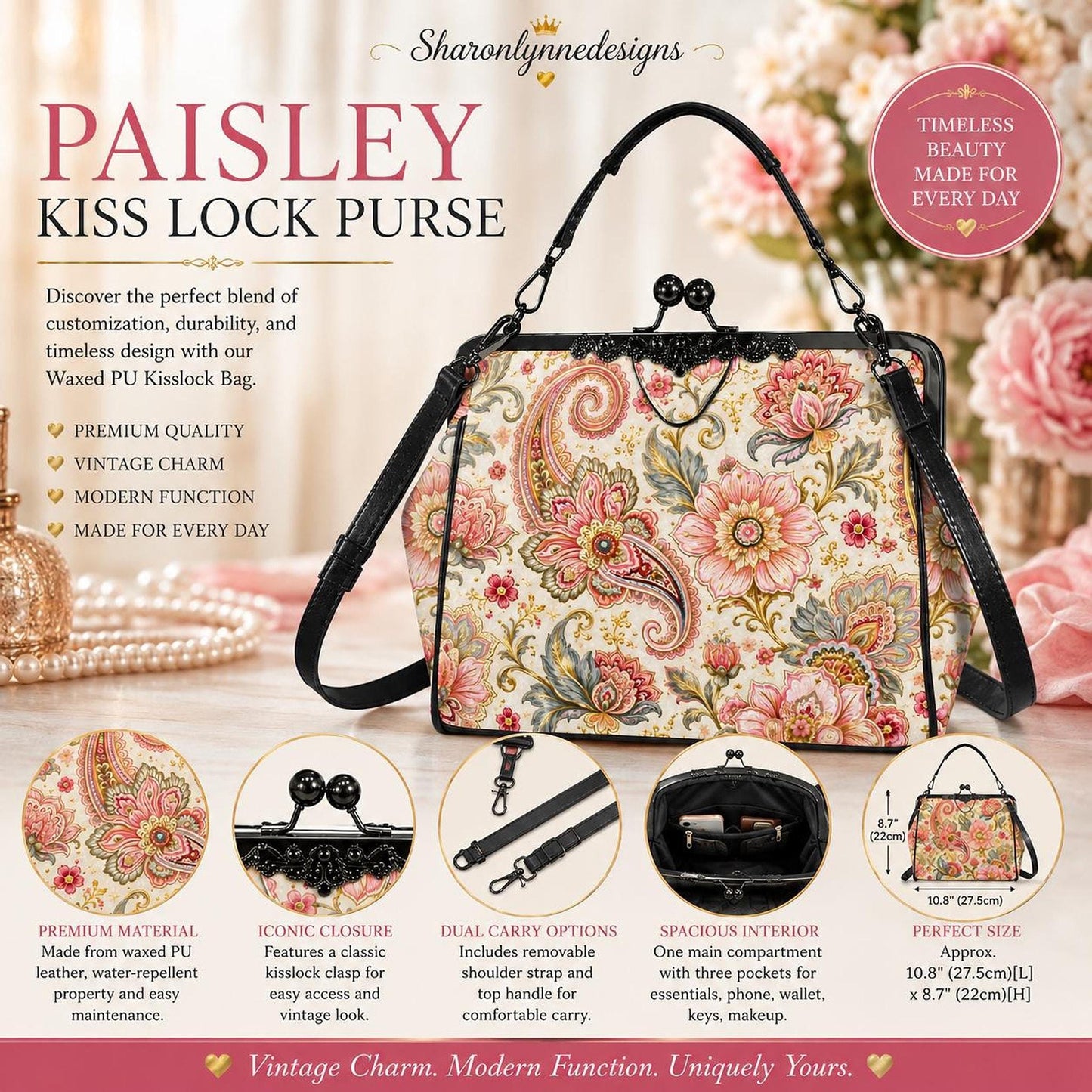 Vintage Floral Purse, Waxed PU Leather Kiss Lock Handbag with Removable Strap