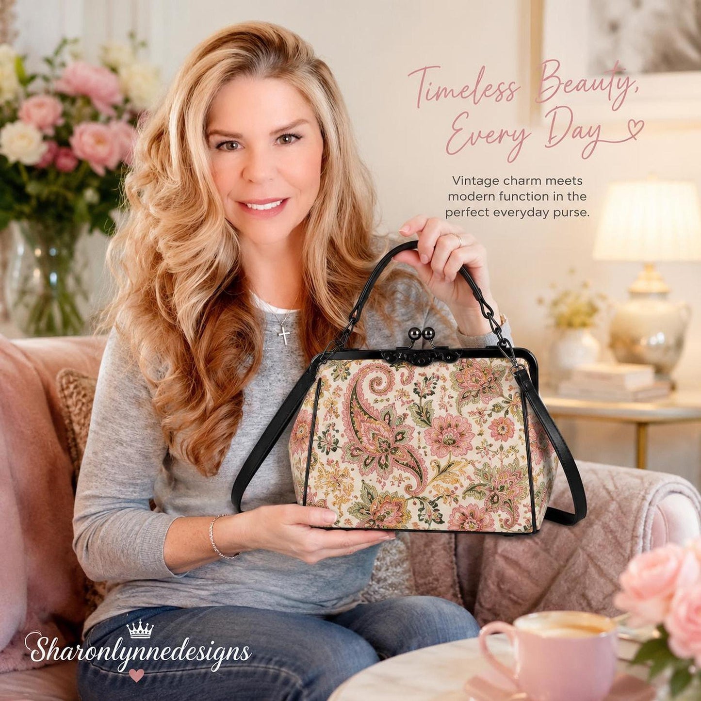 Vintage Floral Purse, Waxed PU Leather Kiss Lock Handbag with Removable Strap
