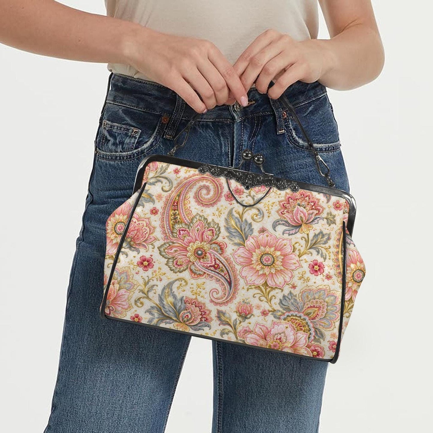 Vintage Floral Purse, Waxed PU Leather Kiss Lock Handbag with Removable Strap