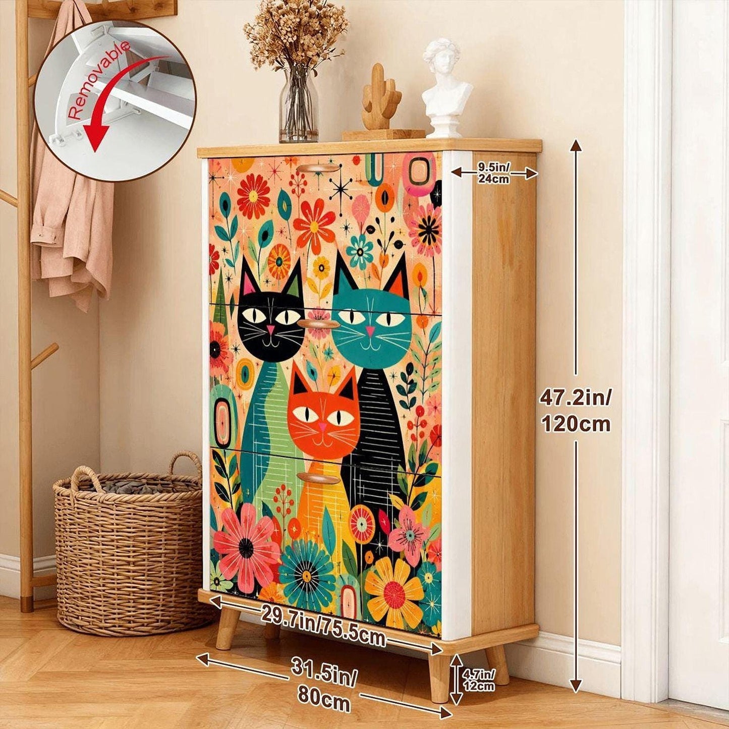 Cat Shoe Storage Cabinet with Playful Cat Motif, Made in USA